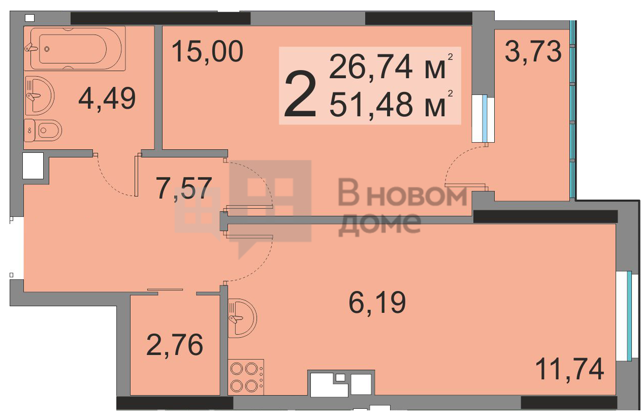 1-комнатная на 19 этаже, пл. 51.50, №3 - ЖК «MatrЁshka city» Дом № 2 | В  новом доме | Вновомдоме | ВНД - Ижевска