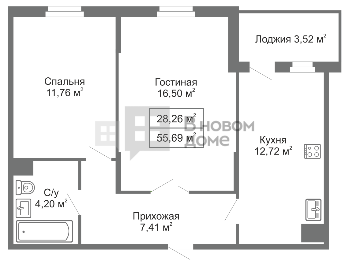 2-комнатная на 7 этаже, пл. 55.70, №187 - ЖК «Видный Дом» | В новом доме |  Вновомдоме | ВНД - Ижевска